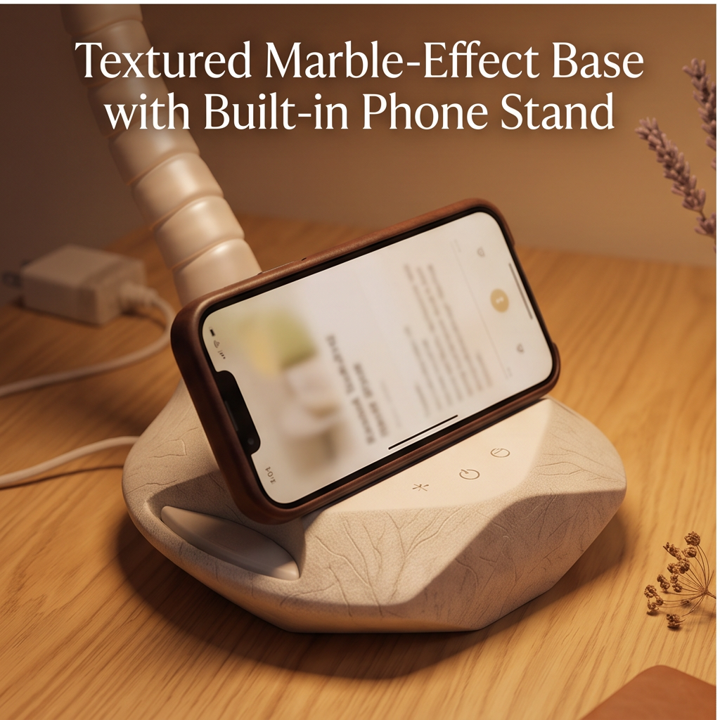 Phone resting in the built-in stand on the lamp's textured marble-effect base