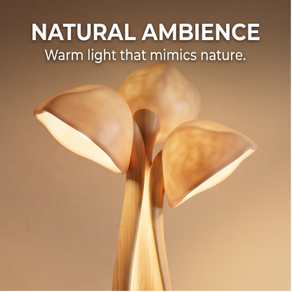 Close-up of glowing light along the lamp's sculptural wood stem