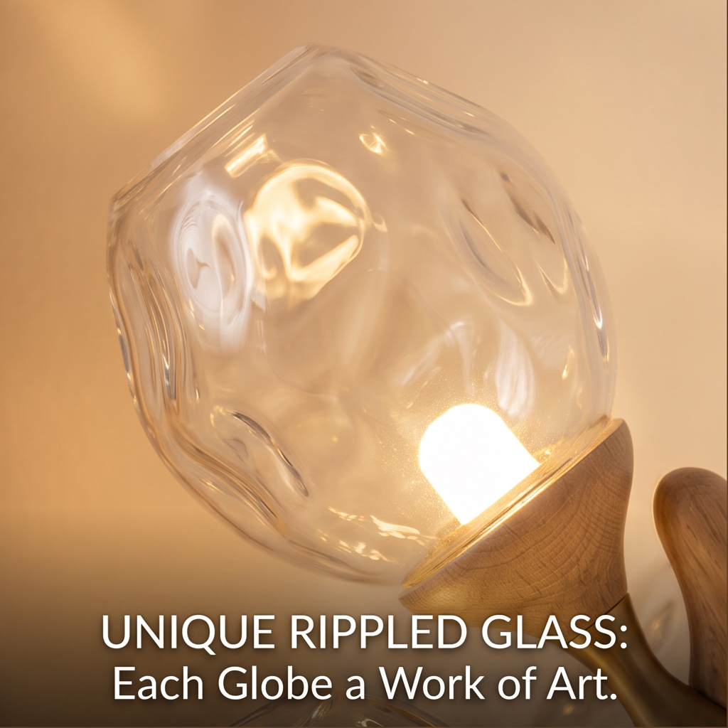 ALTIVIVI sculptural glass globe table lamp glowing warmly on a bedside table beside a book