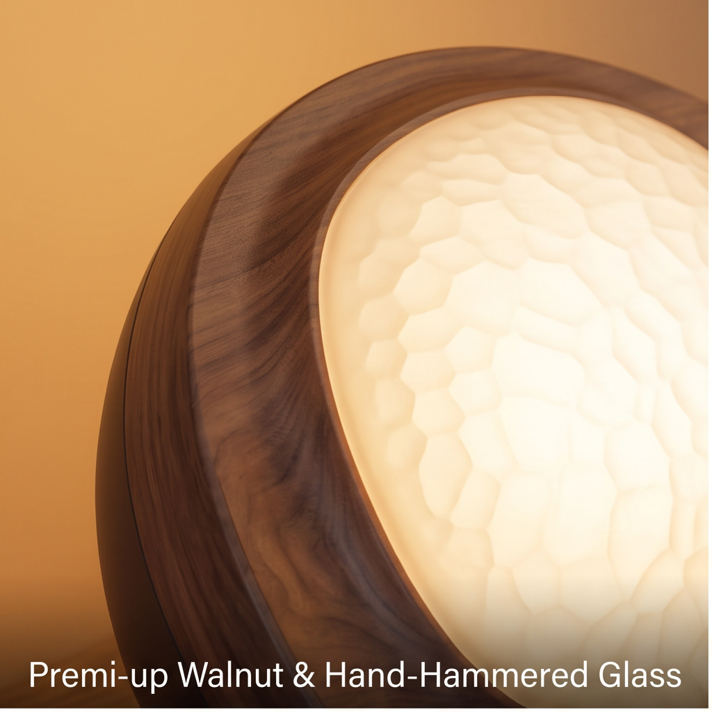 Close-up of ALTIVIVI lamp walnut frame and hand-hammered glass diffuser