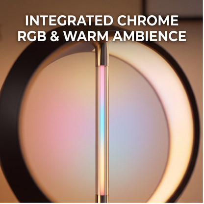 Close-up of ALTIVIVI lamp integrated chrome RGB light bar with warm ambience ring light