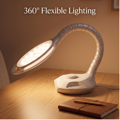 Close-up of the lamp's textured marble-effect base and touch control for warm dimmable light