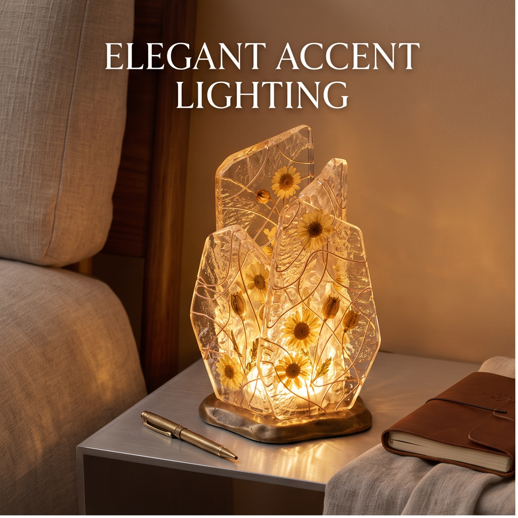 Botanical accent table lamp styled beside a notebook and pen