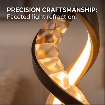 ALTIVIVI sculptural spiral table lamp glowing on a bedside table, showing its full silhouette