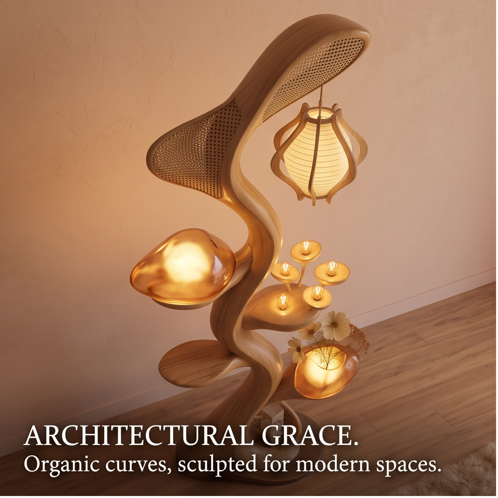 Close-up of hanging shade with cane weave and warm glow within curved frame