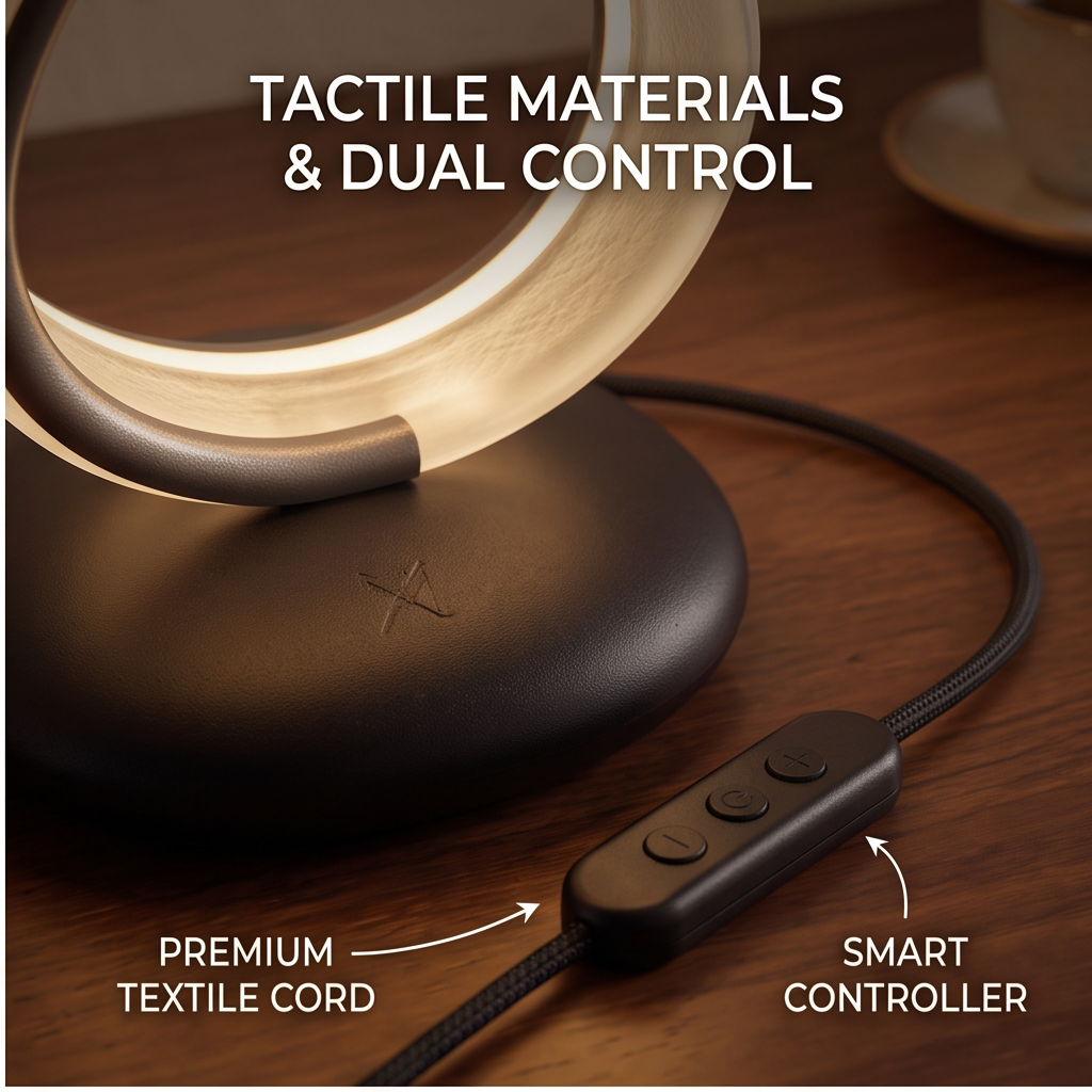 Close-up of ALTIVIVI lamp base with premium textile cord and smart inline controller