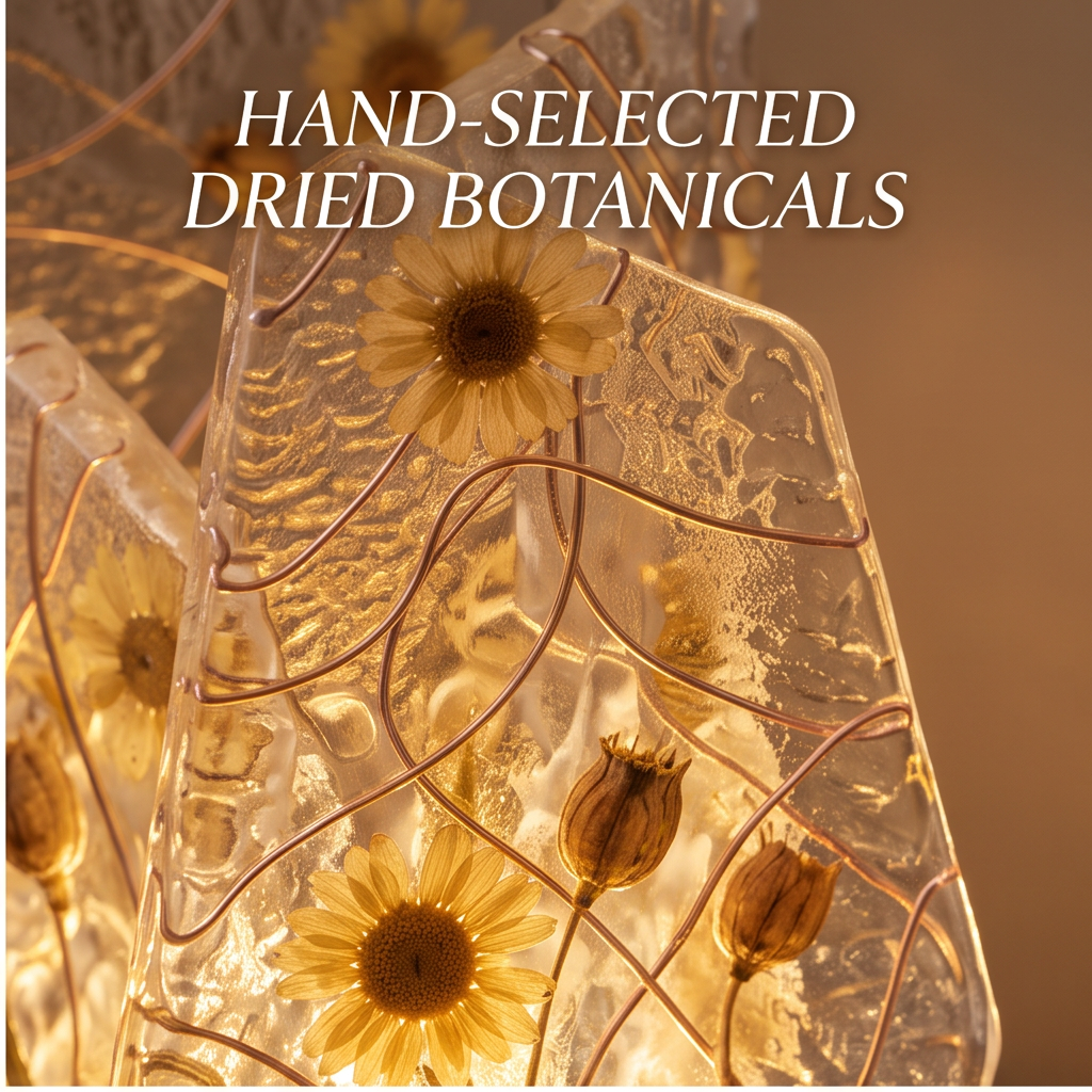 Close-up of dried daisies and botanical stems inside the clear lamp panels