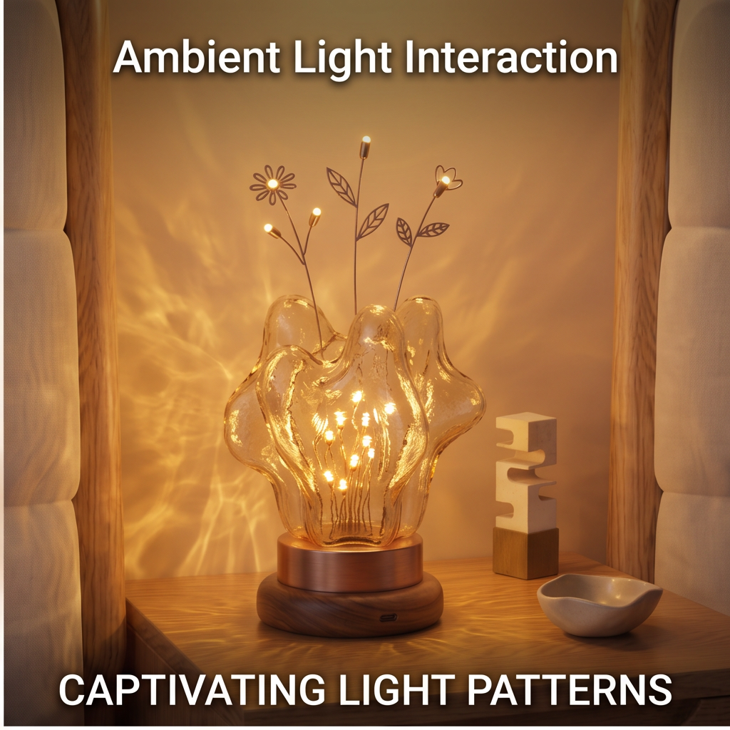 ALTIVIVI floral glass ambient lamp glowing in a wooden display nook with light patterns on the wall