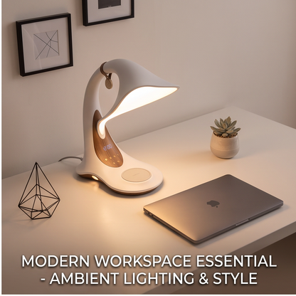 ALTIVIVI white curved LED desk lamp on a modern workspace with ambient lighting and style