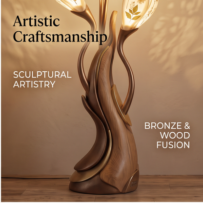 Close view of the twisting bronze-and-wood-toned sculptural base of the botanical lamp