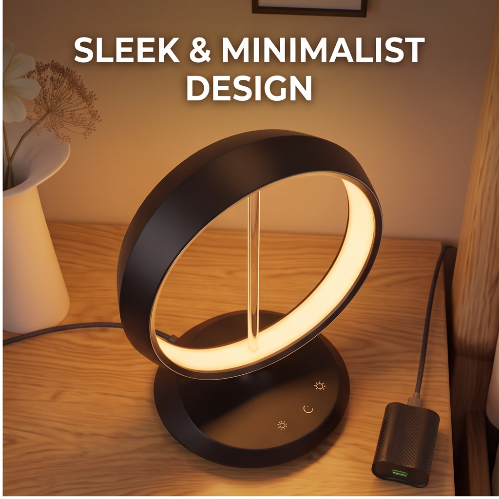 ALTIVIVI black ring LED table lamp with sleek minimalist design glowing on a wooden nightstand