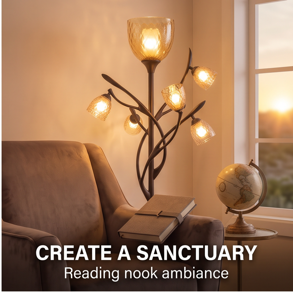 Branching floor lamp with textured glass shades glowing beside a reading chair