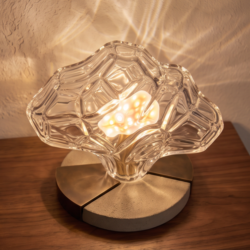 Angled view of the illuminated transparent flower-shaped lamp casting reflections on a nearby wall