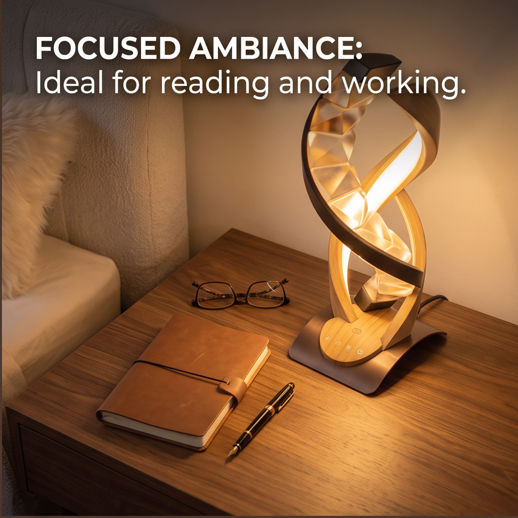 Finger using the touch controls on the base of the sculptural spiral table lamp
