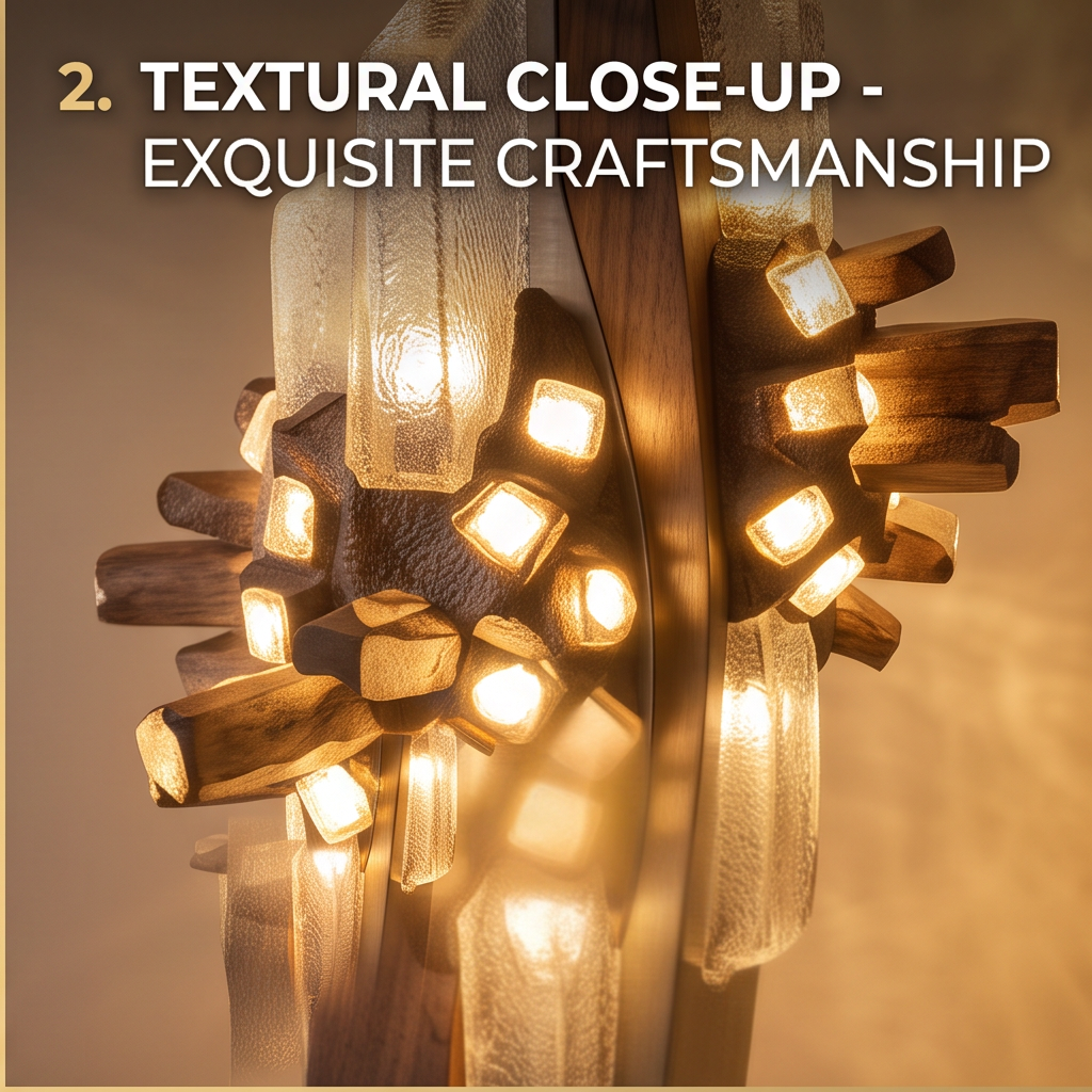 Four-panel collage showing floor lamp full view, light clusters, base and wall patterns