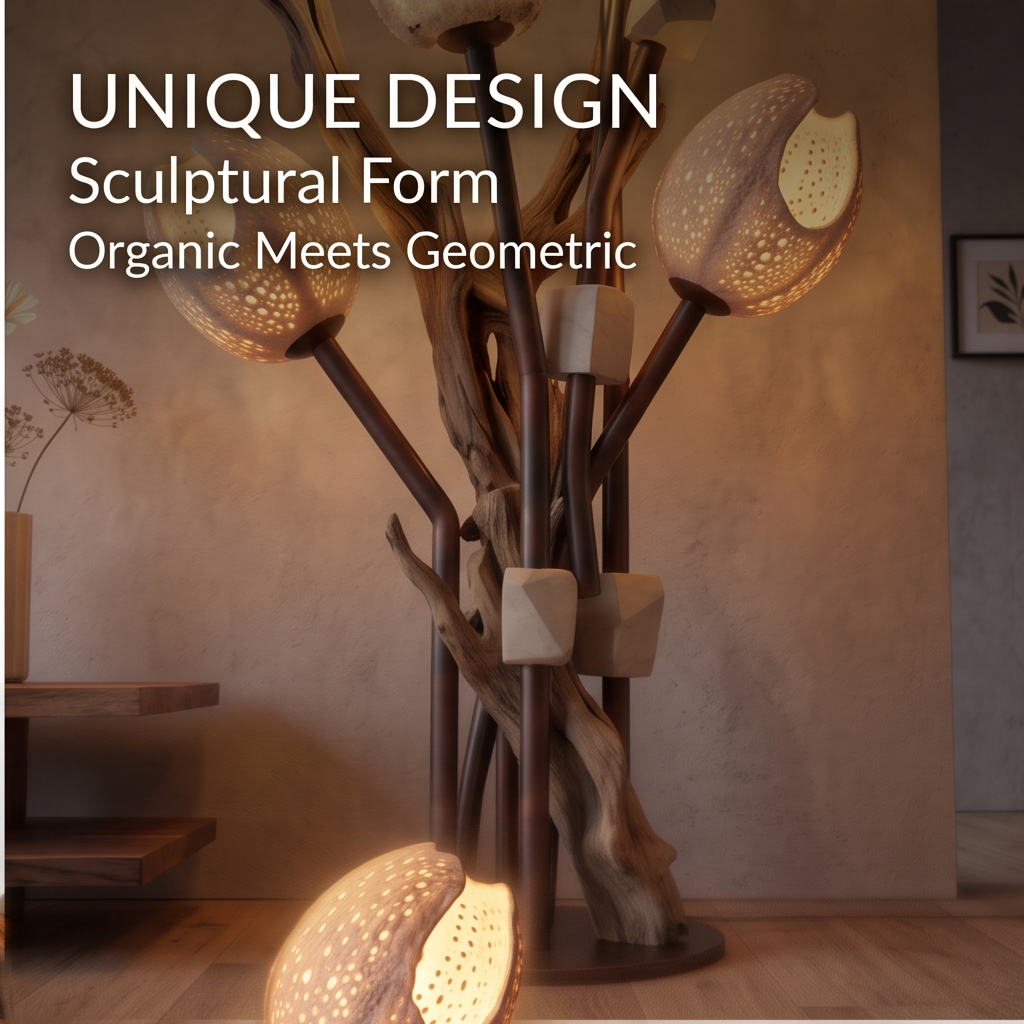 Close-up of organic branches and perforated shade of sculptural floor lamp