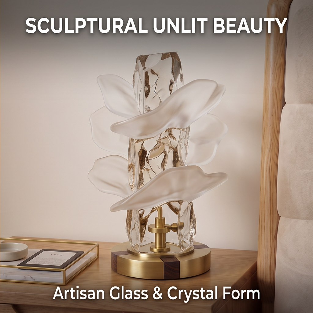 Unlit sculptural table lamp showing pale petal forms around a clear central column