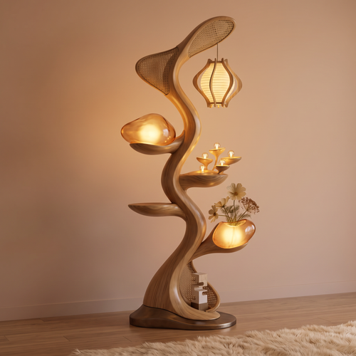 Full view of ALTIVIVI sculptural tree floor lamp with warm hanging shade and display shelves