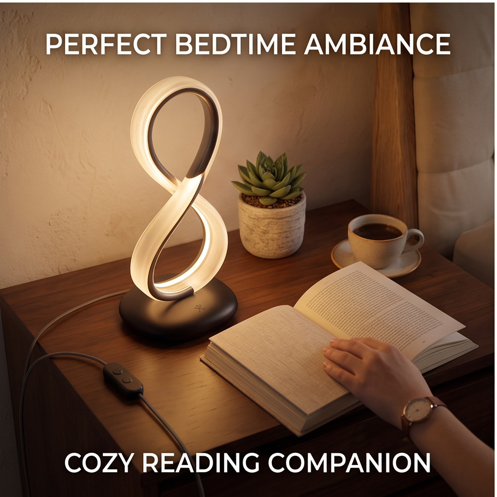 ALTIVIVI Infinity table lamp glowing on a bedside table as a cozy reading companion