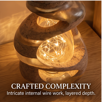 Close-up of textured cork and translucent resin bands on the table lamp