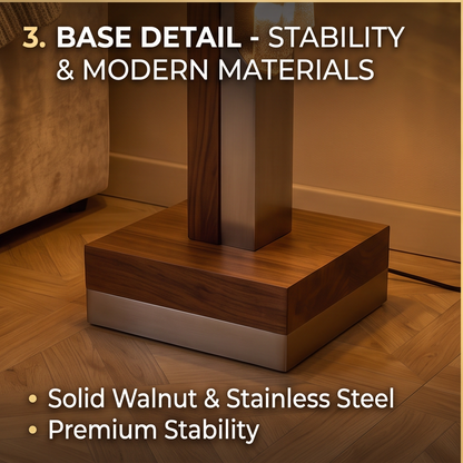 Angled full view of upright floor lamp with two glowing textured light clusters and square base