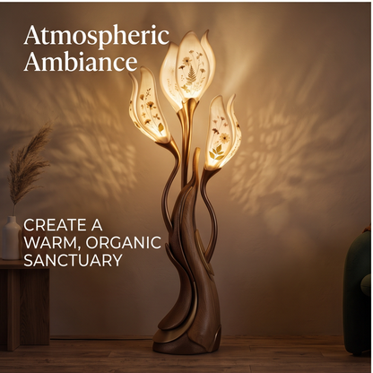 Four-image collage showing botanical details, sculptural trunk and lit and unlit views of floor lamp
