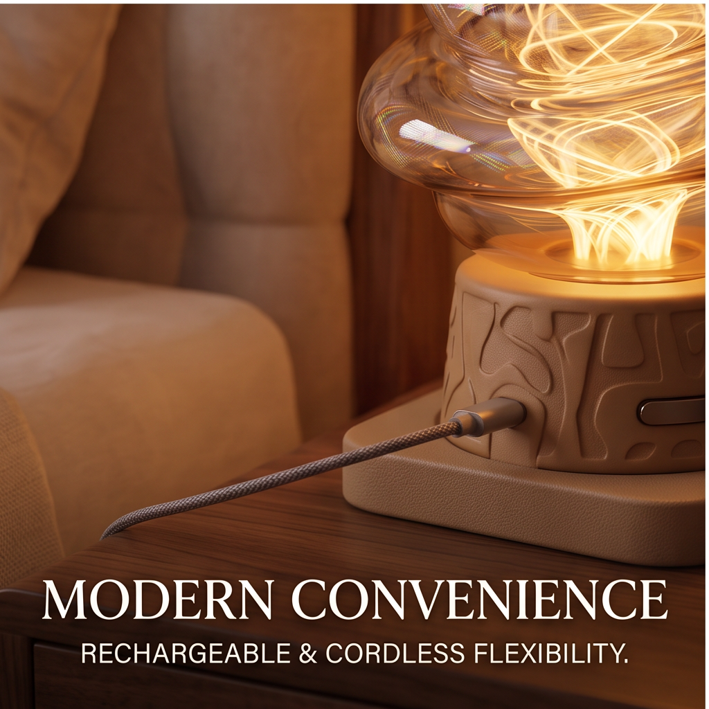 Close view of the rechargeable sculptural swirl lamp with illuminated transparent layers and textured base on a bedside table