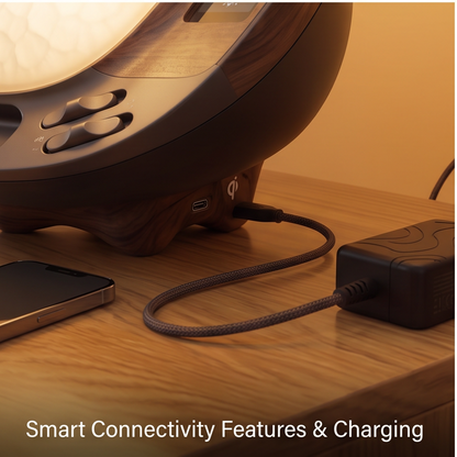 ALTIVIVI lamp base with USB-C port and wireless charging symbol, smart connectivity features and charging