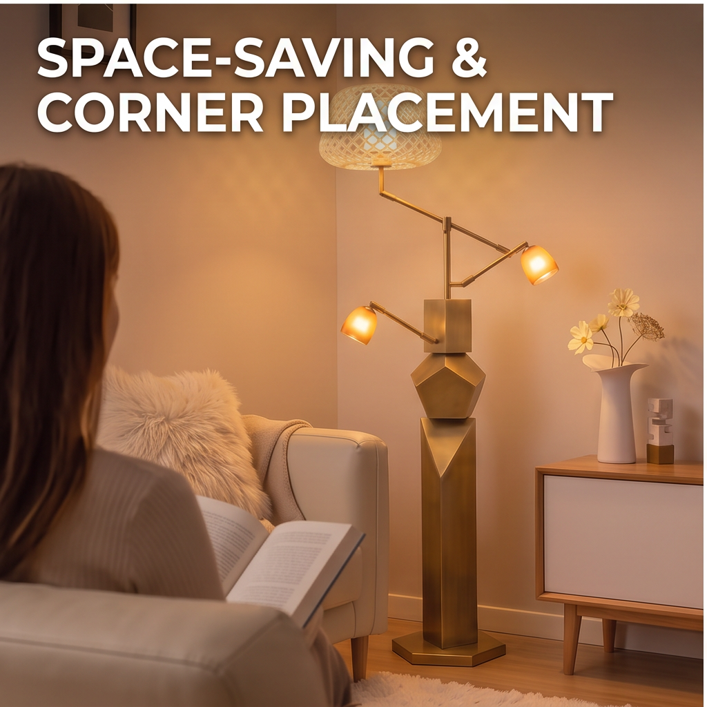 Floor lamp in a reading corner beside a person seated with a book