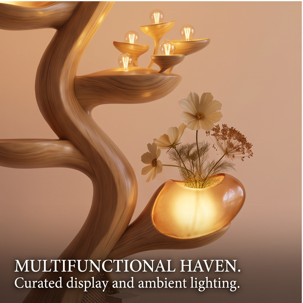 Close-up of the tree floor lamp's curved lower frame, display opening and rounded base