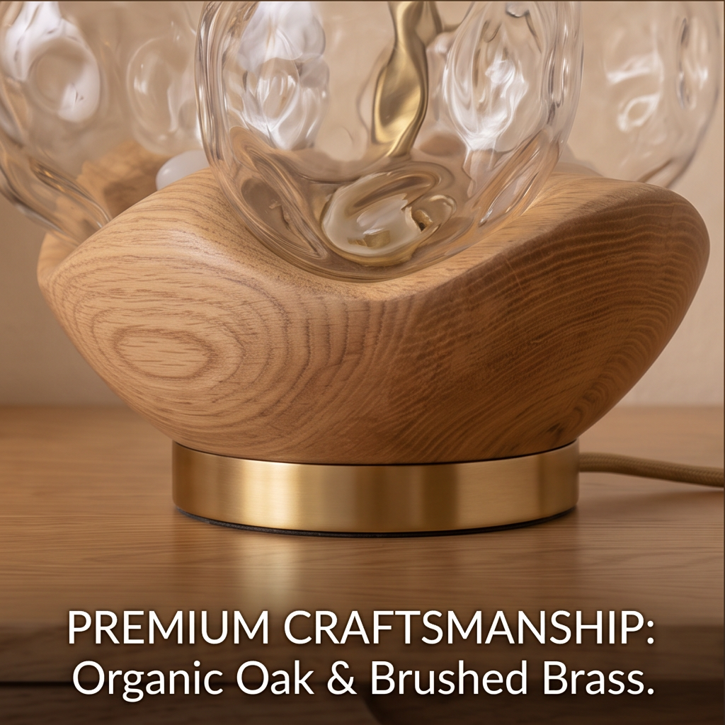 Close-up of the lamp's oak-toned curved base and brushed brass-toned lower trim