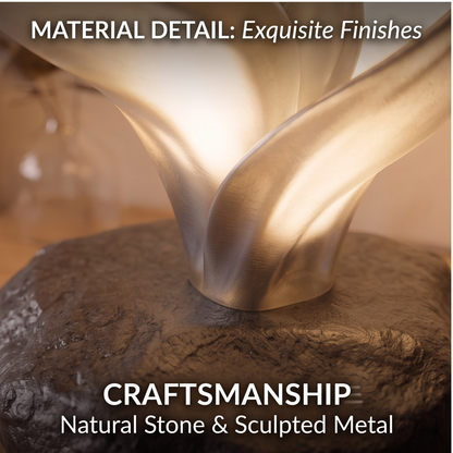 Close-up of ALTIVIVI lamp craftsmanship with natural stone and sculpted metal finishes