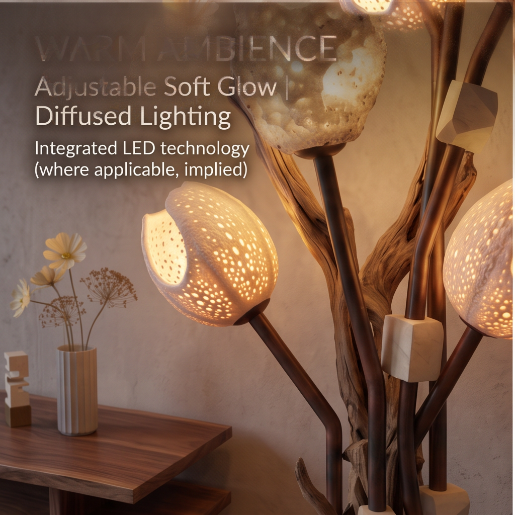 Close-up of softly glowing perforated shades and dark branching stems