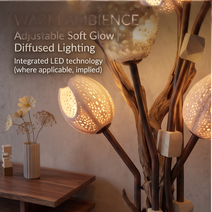 Close-up of softly glowing perforated shades and dark branching stems