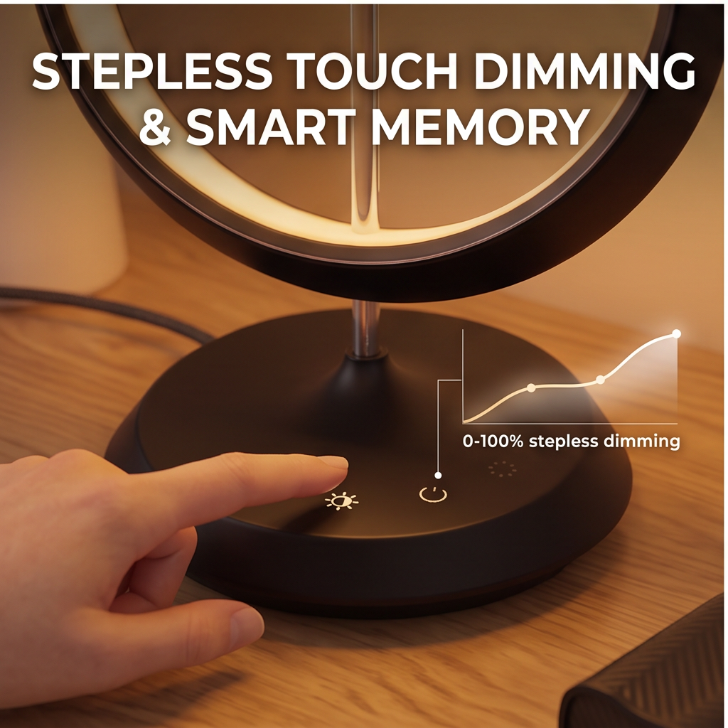 Touch controls on ALTIVIVI lamp base with 0-100% stepless dimming and smart memory