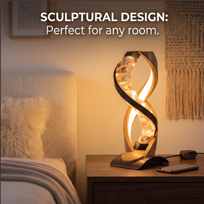 Close-up of the spiral lamp's glowing faceted details and light refraction