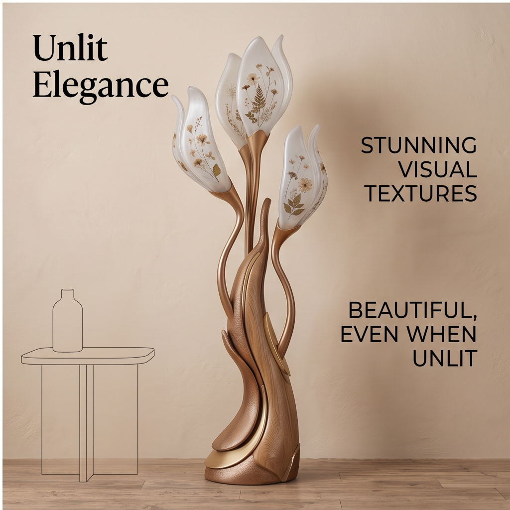 Unlit view of the floor lamp showing botanical patterns on pale petal-shaped shades