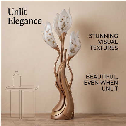 Unlit view of the floor lamp showing botanical patterns on pale petal-shaped shades