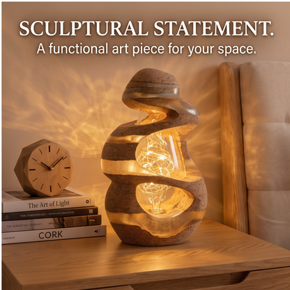 ALTIVIVI sculptural cork and resin table lamp glowing on a bedside table beside books and a clock