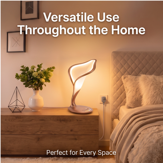 ALTIVIVI calla lily LED table lamp glowing on a bedroom nightstand, versatile use throughout the home