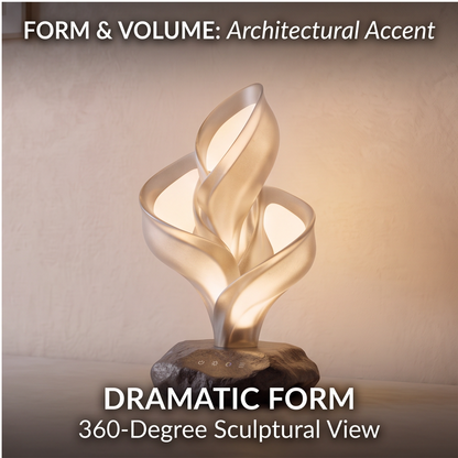 ALTIVIVI sculptural flame table lamp with dramatic form, 360-degree sculptural view on stone base