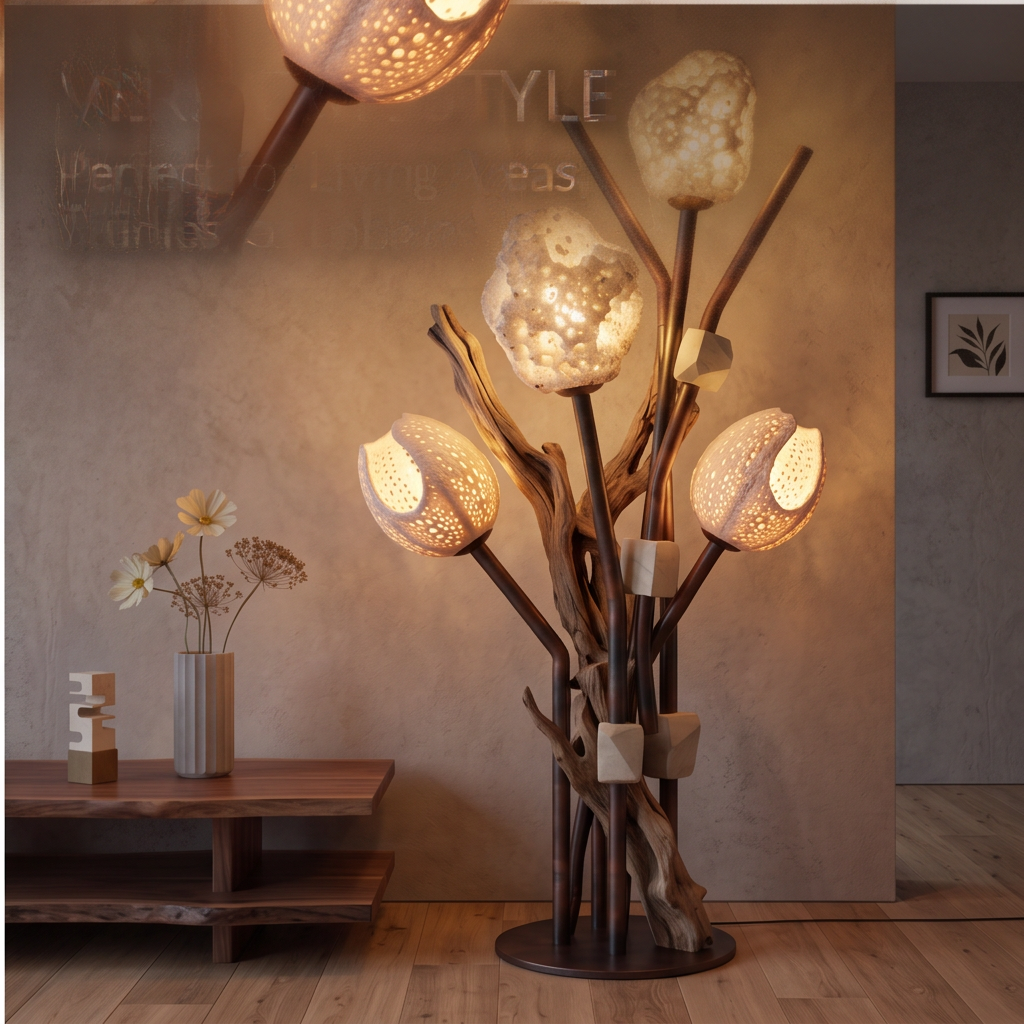 ALTIVIVI sculptural driftwood and stone floor lamp glowing in a living-room corner beside a low table