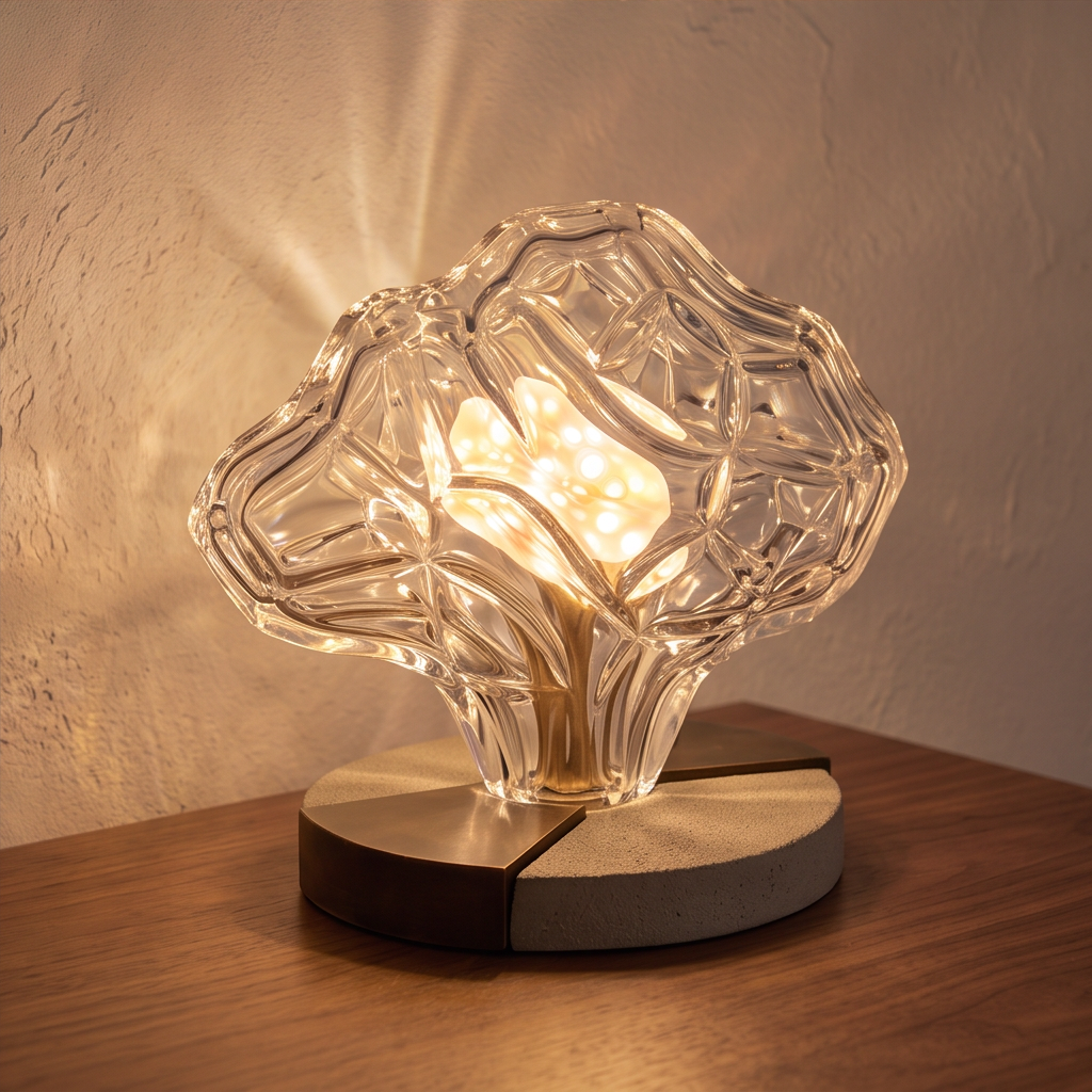 Close-up of contrasting smooth metallic-tone and speckled sections of the lamp's round base
