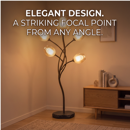 Close-up of the dark stone-textured base and stem of the floor lamp