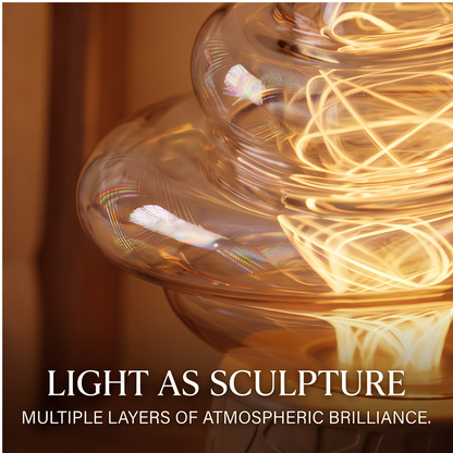 Close-up of layered translucent curves surrounding the warm light swirl