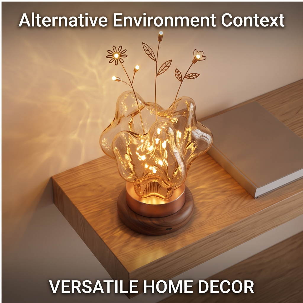 Angled view of the lit floral glass table lamp on a wooden surface beside a book
