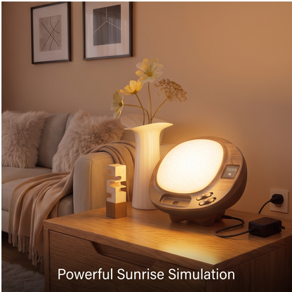 ALTIVIVI sunrise alarm clock lamp glowing warmly on a side table with powerful sunrise simulation