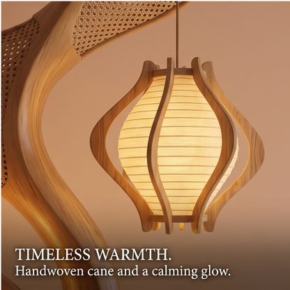 Tree-shaped floor lamp showing organic curved frame, woven details and lit display nooks
