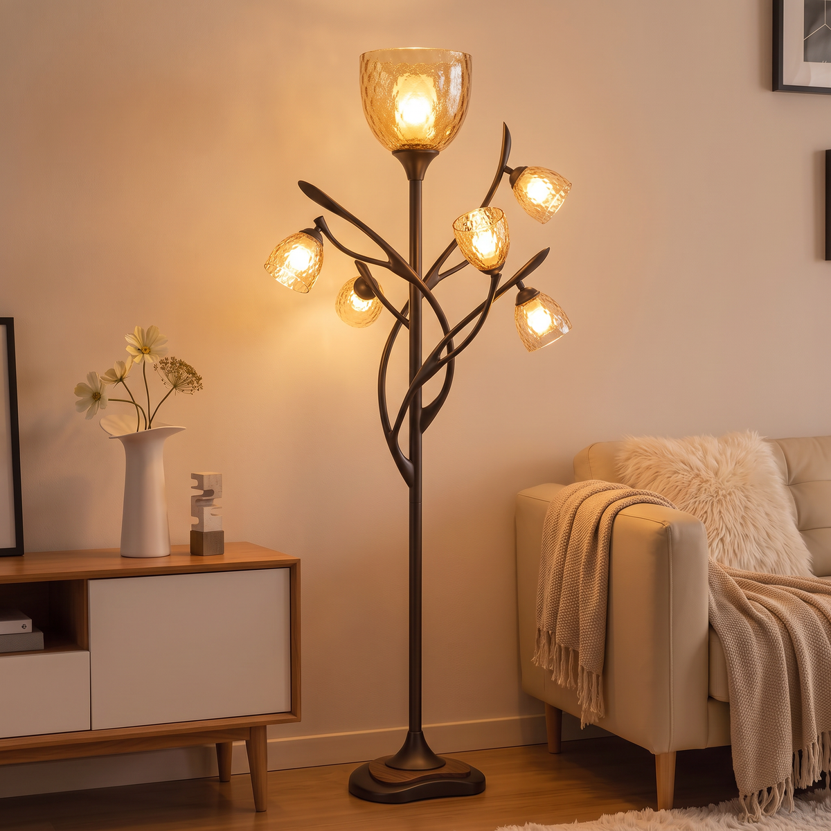 ALTIVIVI branch floor lamp illuminated between a cabinet and sofa in a living room