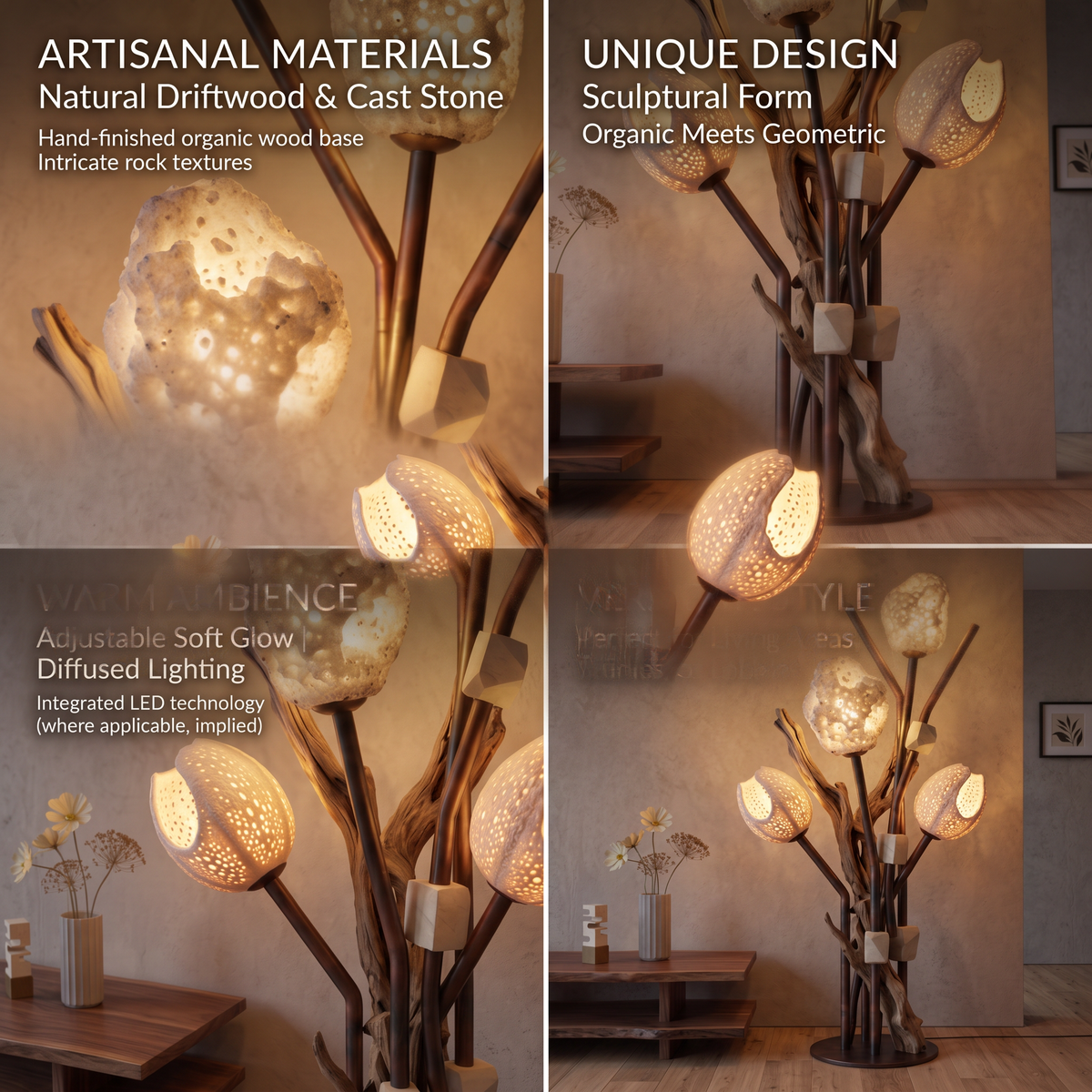 Four-panel view showing driftwood and cast stone textures, branching design and softly lit shades